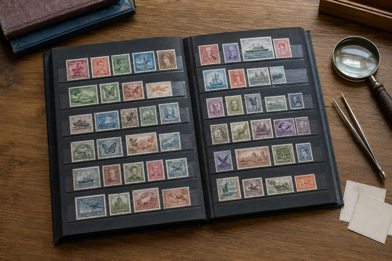 Open stockbook with a small fictional stamp collection, stamp tongs and a magnifier on a wooden desk