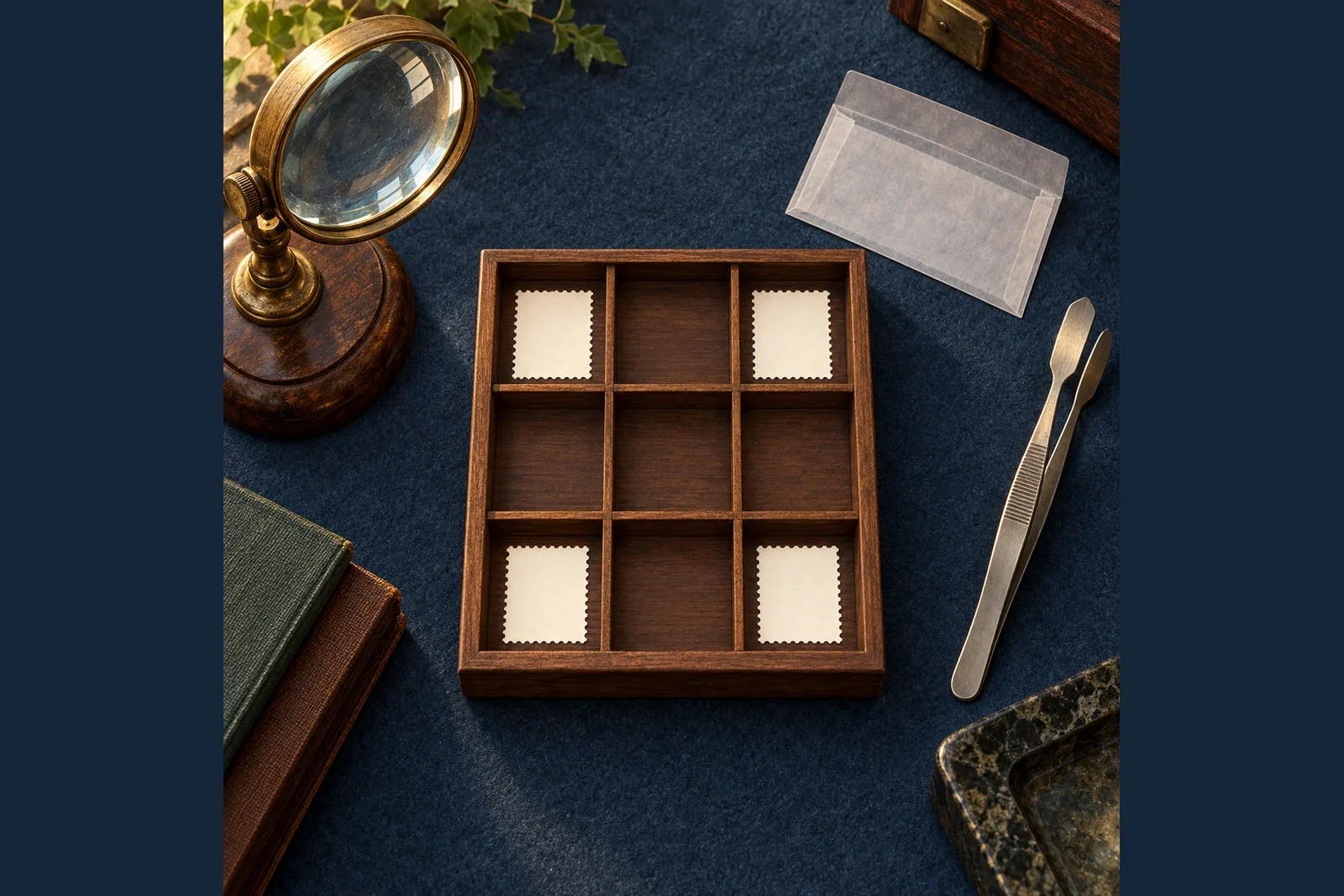 Illustration of blank paper pieces in a wooden sorting tray with tongs and a magnifier on blue felt