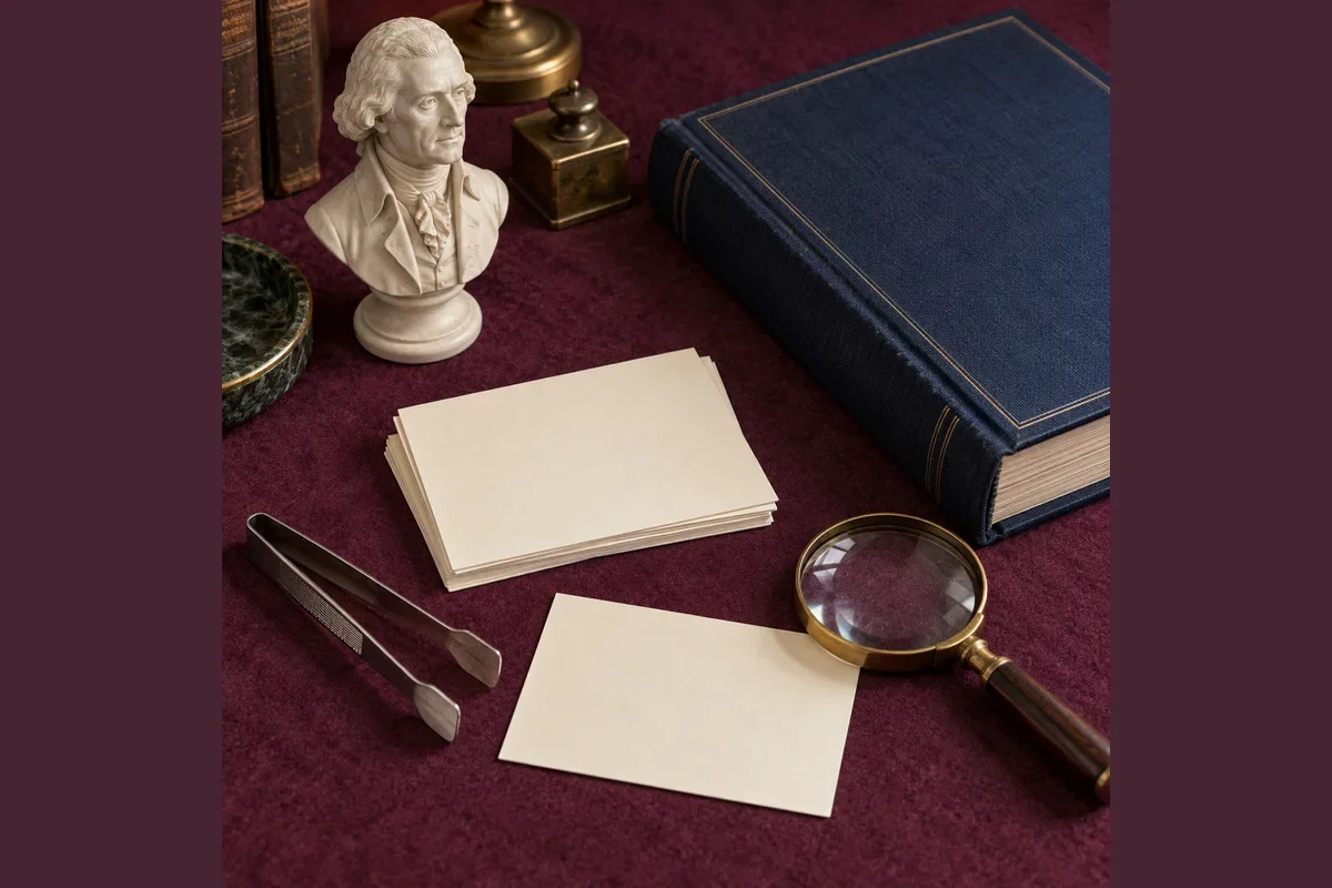Generated illustration of a plum collector desk with an unlettered portrait bust, stock cards, tongs and an album