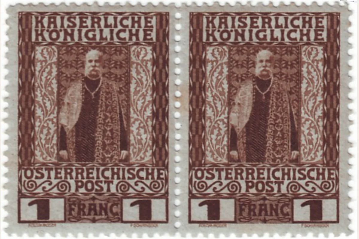 Genuine scan of two joined brown Austrian jubilee stamps, each showing a standing Franz Joseph and the denomination 1 Franc