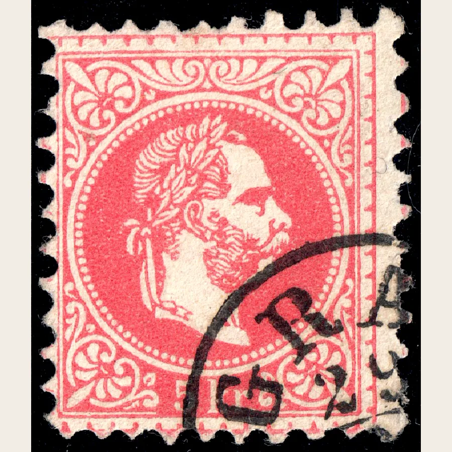 Genuine scan of a red Austrian 5 kr. stamp with a right-facing Franz Joseph profile and heavy black cancellation