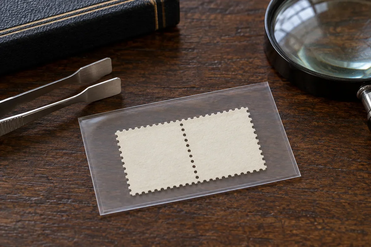 Generated illustration of joined blank perforated paper in a transparent sleeve beside tongs and a magnifier