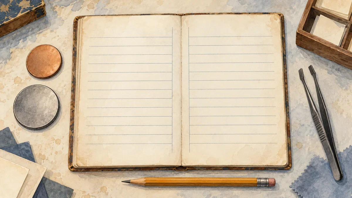 Generated watercolor of an open blank ledger, unmarked copper and silver disks, a pencil and stamp tongs