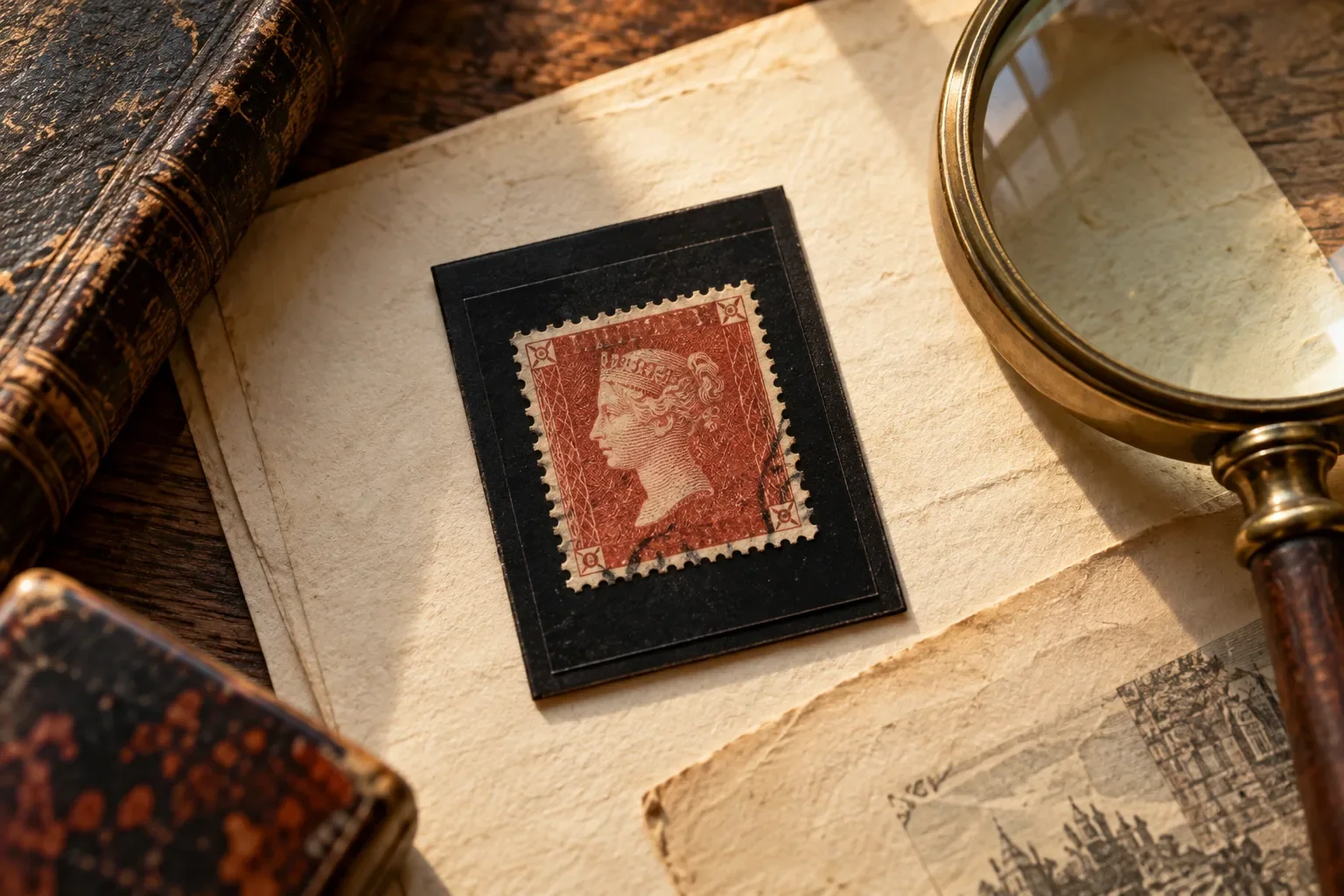 Collector illustration with red Victorian-style portrait stamps on an archival card
