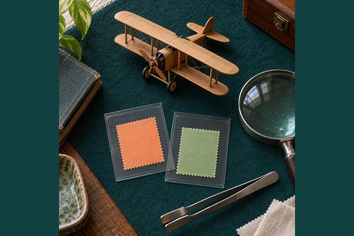 Original illustration of a wooden biplane model beside blank orange and green perforated paper and collector tools