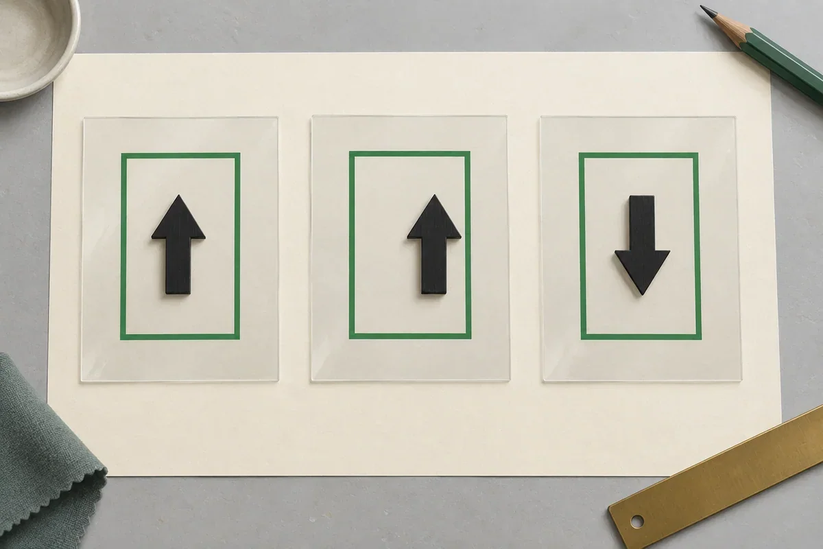Generated geometric illustration with green rectangular frames and black arrows, comparing centered, displaced and reversed orientation