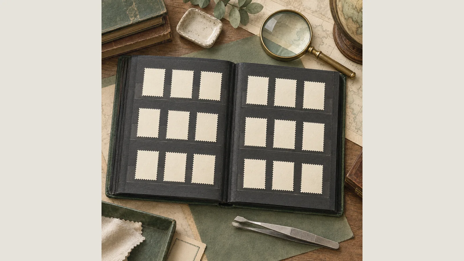 Editorial illustration of blank perforated paper in an album beside stamp tongs and a magnifier, not genuine Germania specimens
