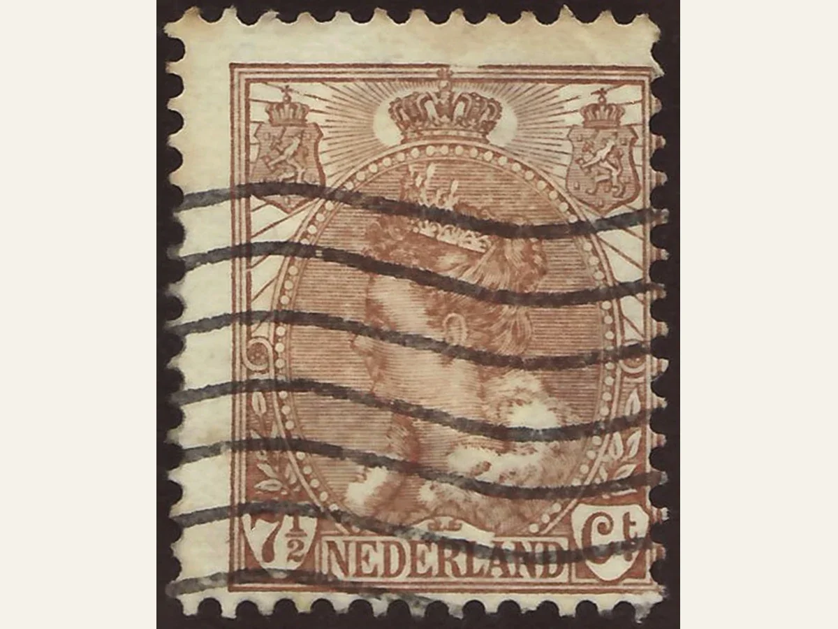 Genuine brown 7½-cent Netherlands Wilhelmina fur-collar stamp with a heavy barred cancellation