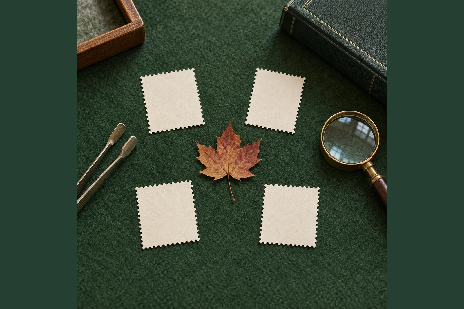 Original illustration of blank perforated paper around a maple leaf with tongs and a magnifier on green felt