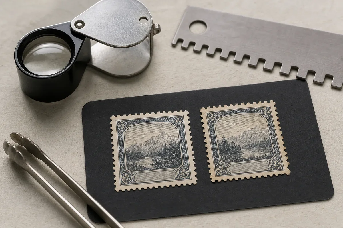 Two fictional landscape stamps compared on a black card beside stamp tongs, a loupe, and an unbranded perforation gauge