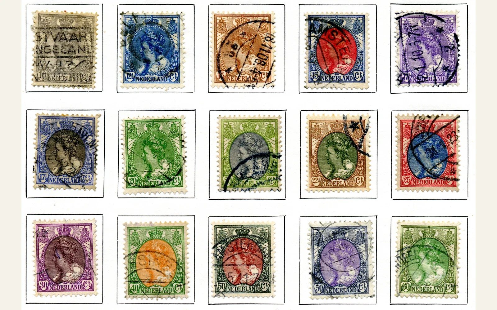 Genuine collection scan of fifteen Netherlands Wilhelmina cent-value stamps in album spaces, with differing colors and cancellations