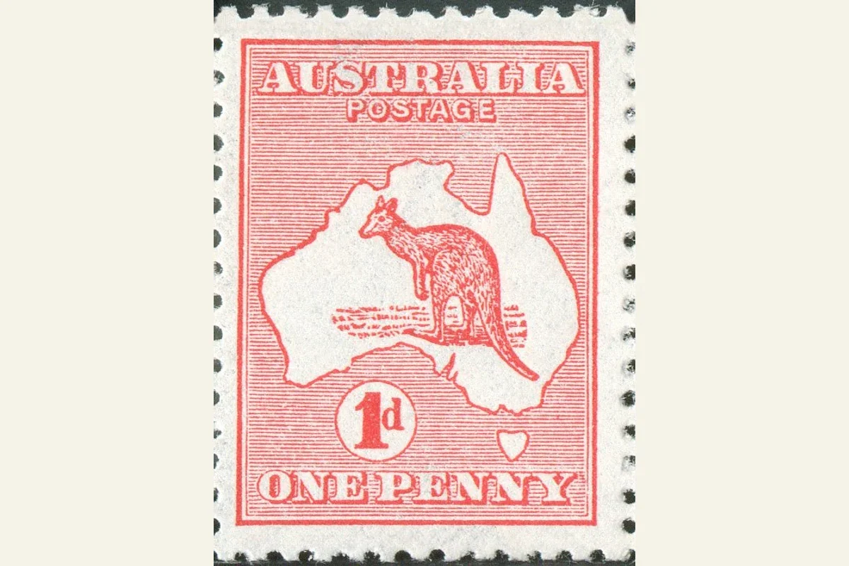Genuine red Australian one-penny Kangaroo and Map stamp reference scan