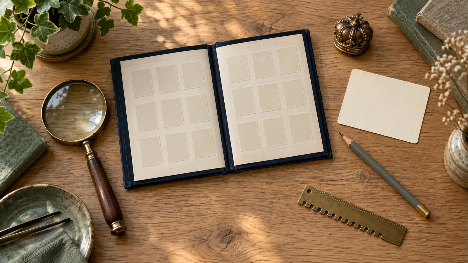 Generated illustration of a blank stockbook, magnifying glass, gauge and crown paperweight, with no historical stamp specimens