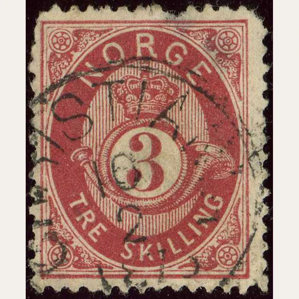 Genuine red Norway 3 skilling Posthorn stamp with NORGE, crown and dark cancellation, padded without cutting the edges