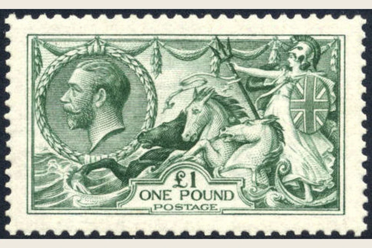 Genuine green 1913 British £1 Seahorse scan with George V at left and Britannia and marine horses at right