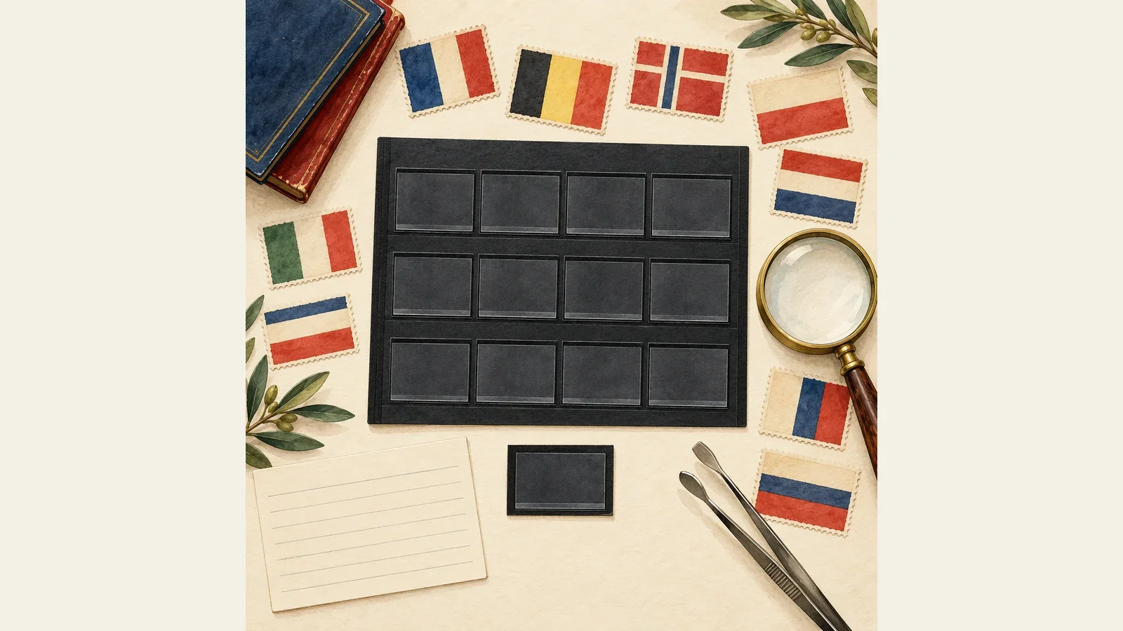 Generated collecting illustration with thirteen empty album spaces and decorative flag papers, not genuine specimens