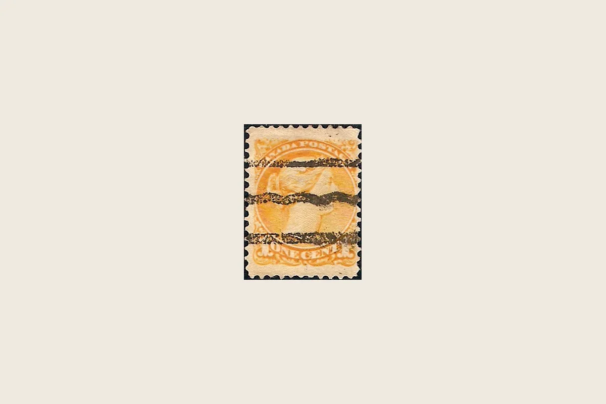 Genuine yellow Canadian 1-cent Small Queen scan with Victoria's left-facing portrait and heavy black precancellation bars
