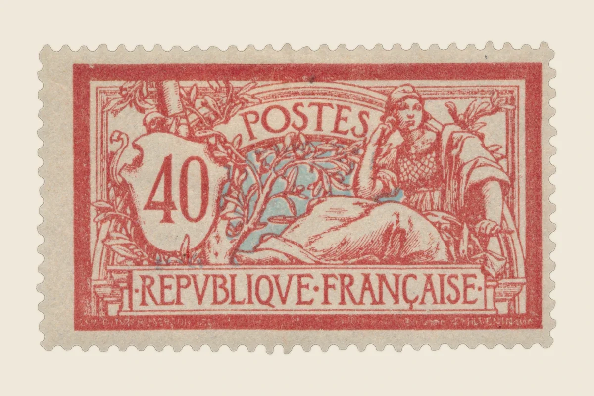 Genuine red-and-blue 40c Merson scan showing POSTES, REPVBLIQVE FRANÇAISE and a seated Republic without an overprint