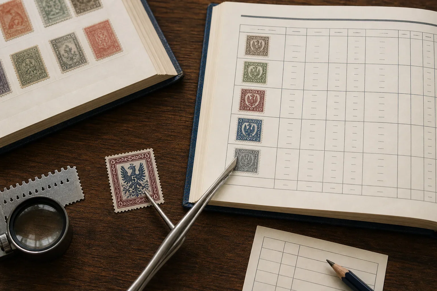 Fictional vintage stamp beside an open generic philatelic catalog, album, stamp tongs, magnifier, perforation gauge, and inventory card