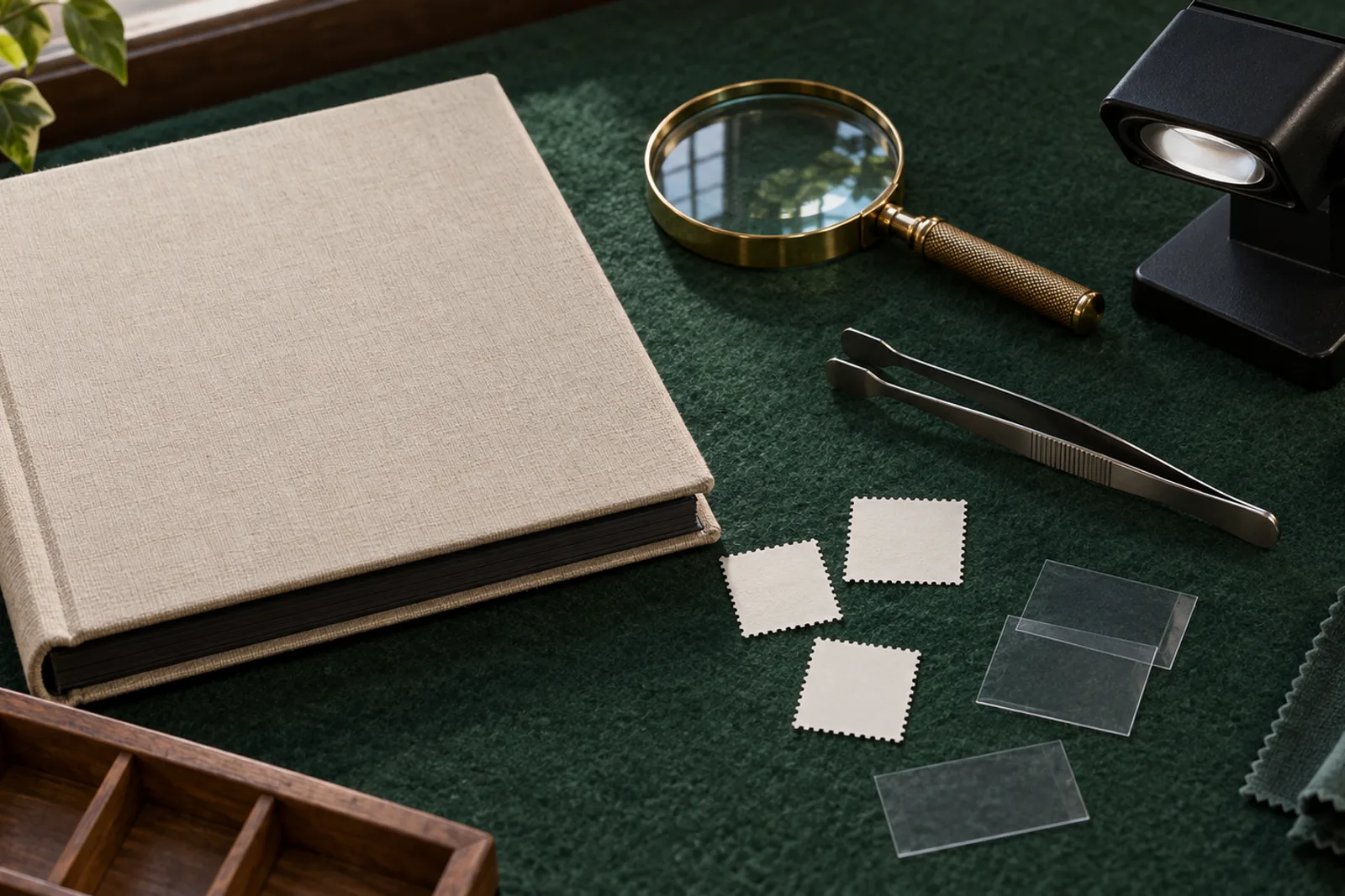 Illustrative collector desk with blank perforated paper, a magnifier, stockbook and examination lamp