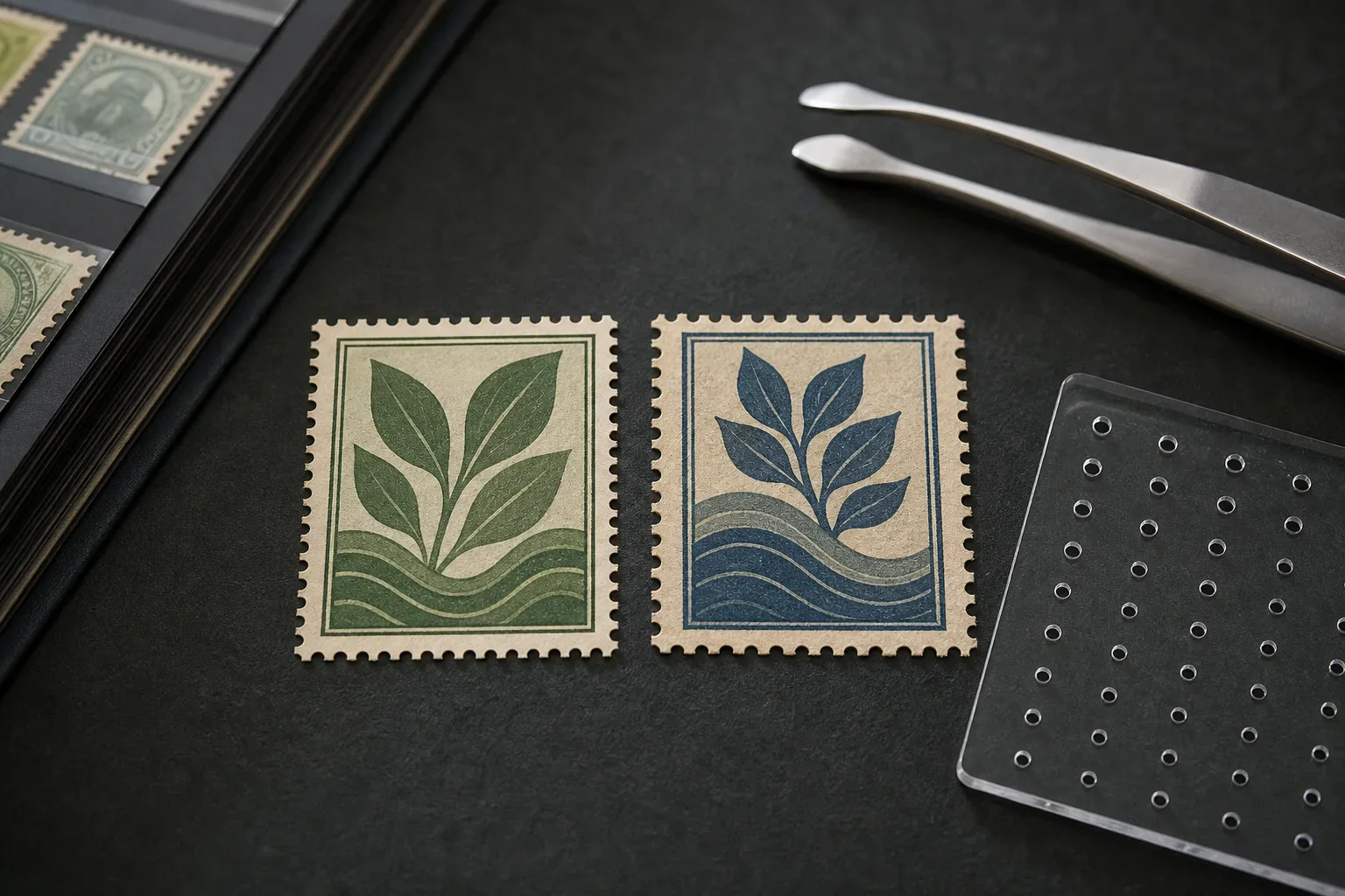 Deux timbres botaniques fictifs aux espacements horizontaux et verticaux différents près d’un odontomètre