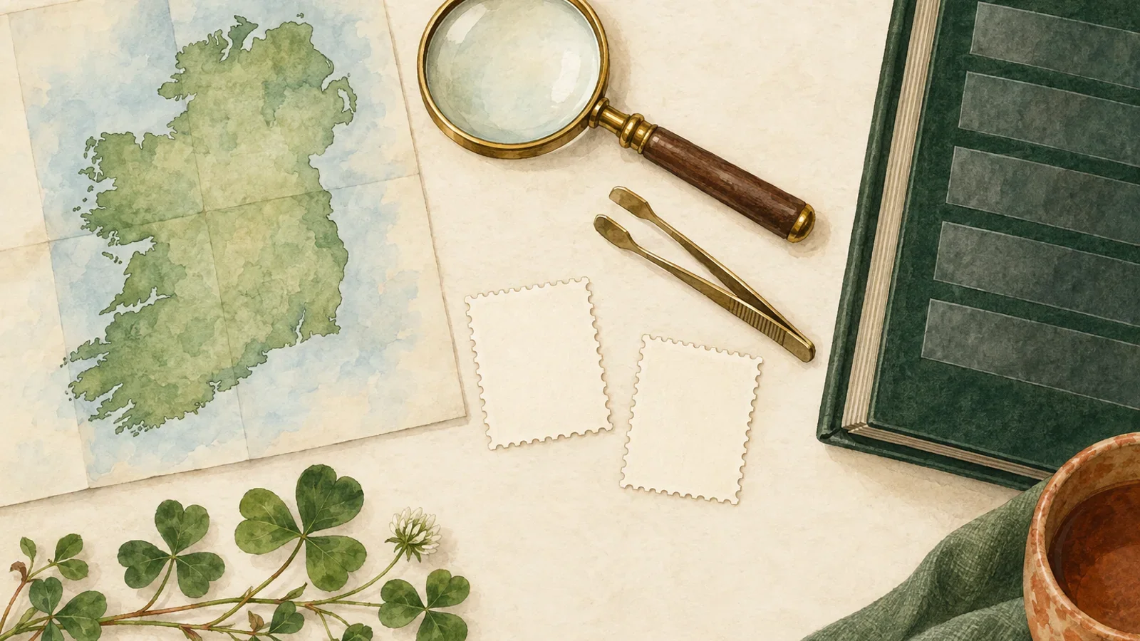 Generiertes Aquarell mit Irlandkarte, grünem Steckbuch, leeren gezähnten Papieren und Sammlerwerkzeug; keine echten Marken