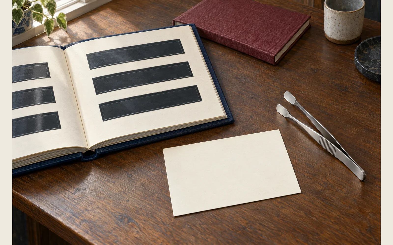Generated collector illustration of an album workspace with blank inventory cards and stamp tongs, not historical stamp specimens