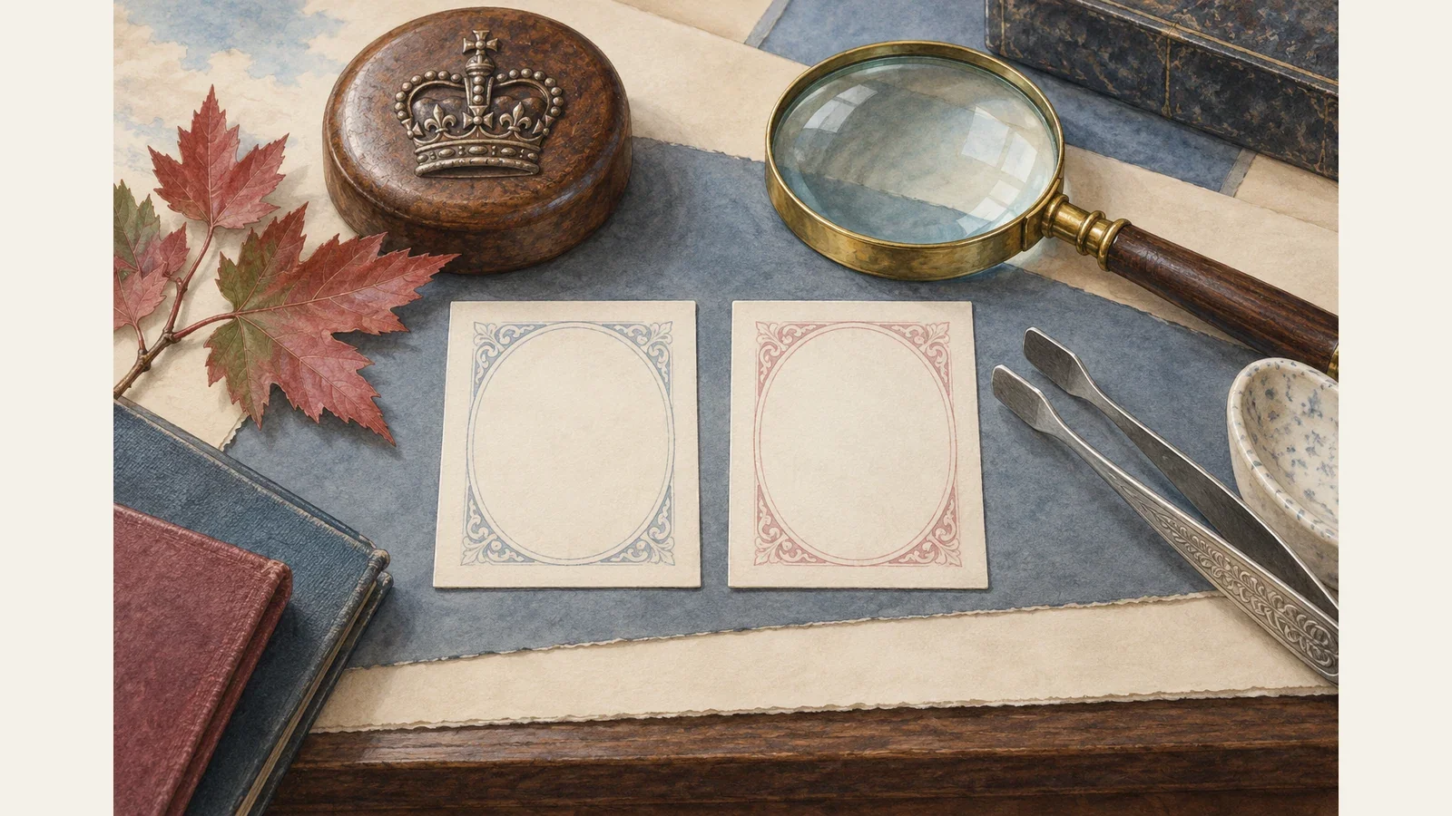 Generated illustration of blank portrait cards, a crown paperweight, maple leaves and stamp research tools, not historical specimens