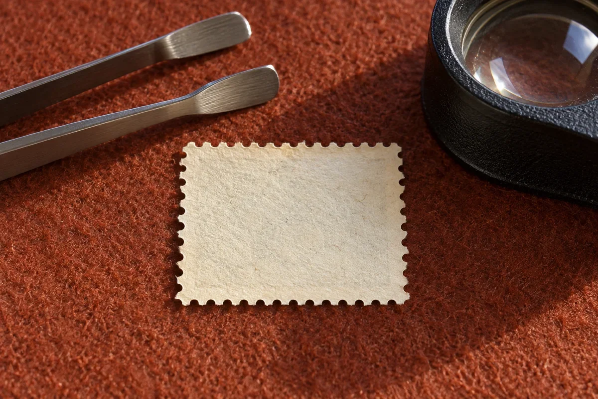 Original illustration of blank perforated paper seen from the back beside a loupe and tongs on rust-colored felt