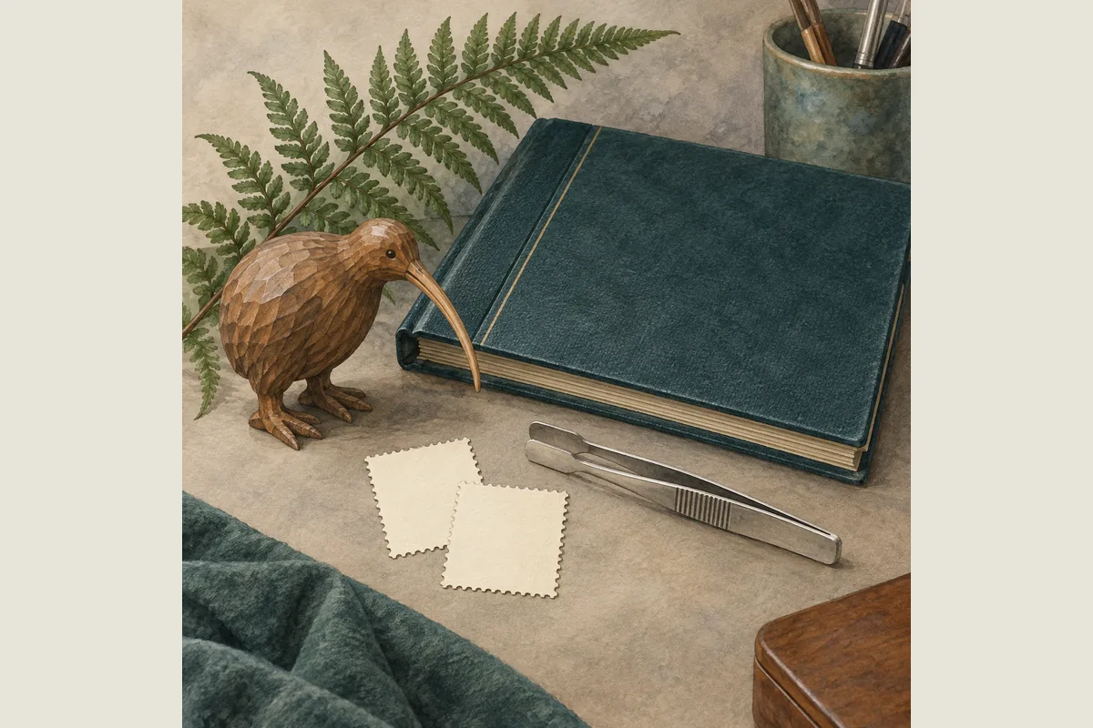 Generated illustration of a wooden kiwi model, fern, teal album, tongs and blank perforated paper