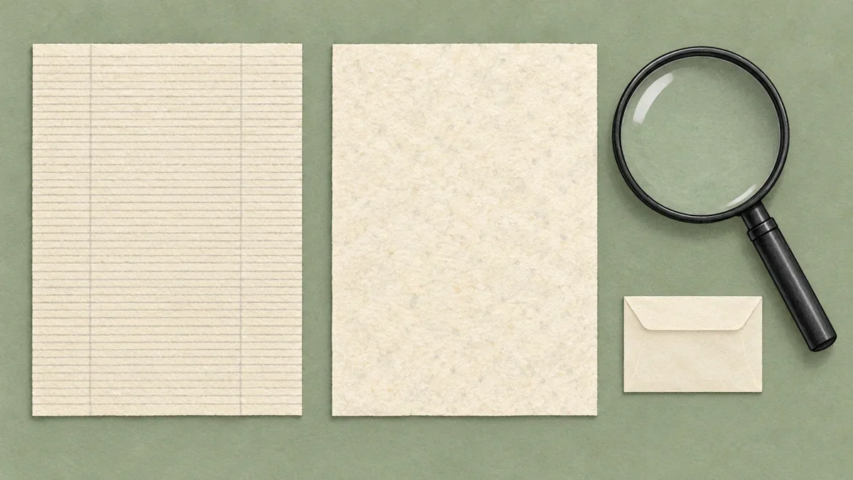 Generierte Illustration von blankem Papier mit parallelen Linien und fleckiger Struktur neben einer Lupe