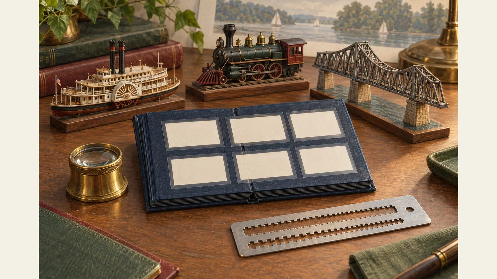 Generated illustration of an empty stockbook beside wooden transport models, a loupe and a perforation gauge, not historical stamp specimens