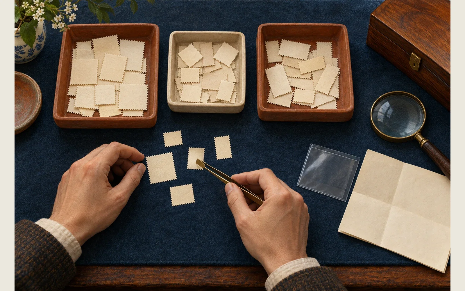 Editorial illustration of hands using tongs to sort blank face-down perforated paper in three trays