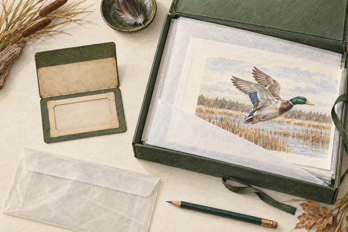 Generated illustration of an empty hunting-license folder beside a larger watercolor art portfolio