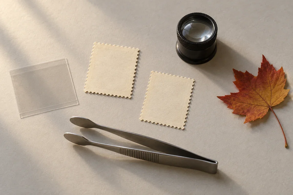 Original illustration of blank perforated paper backs beside an empty mount, loupe, tongs and a maple leaf