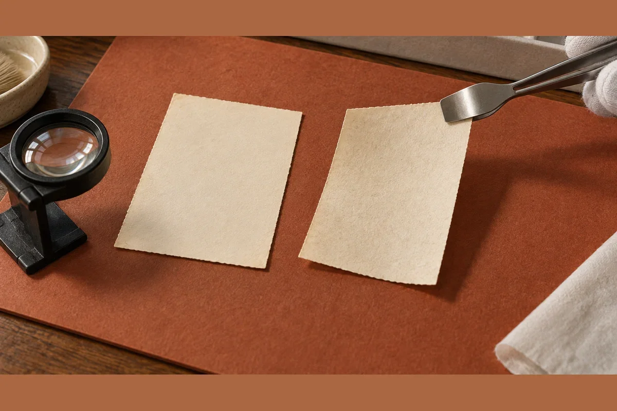 Illustration of blank paper being inspected dry with stamp tongs and a magnifier