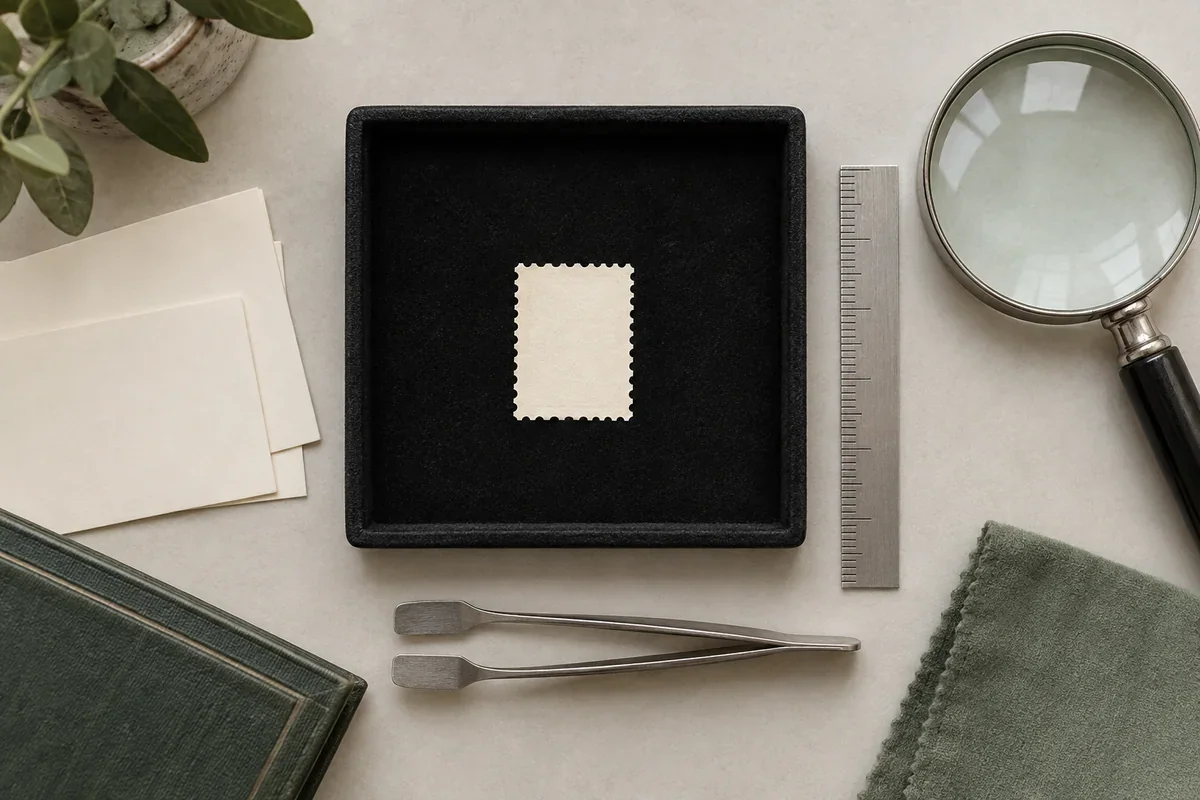 Original illustration of blank scalloped paper in a black dry tray beside a loupe, tongs and a plain measuring strip