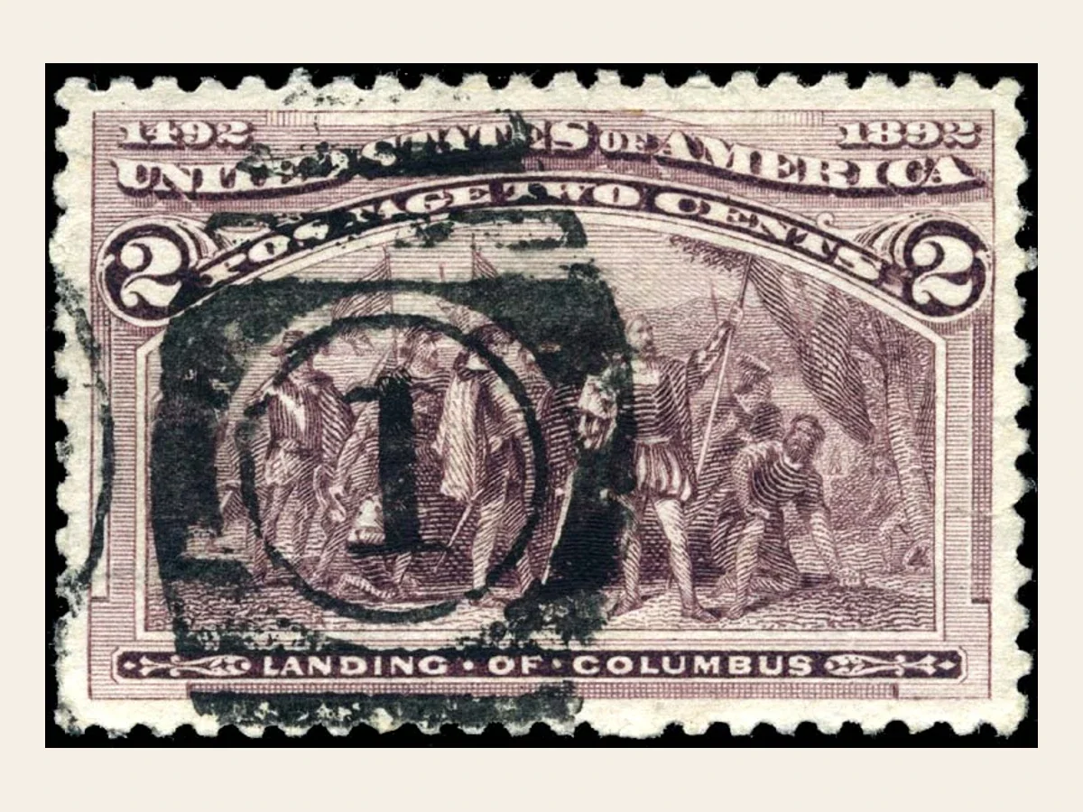 Genuine 1893 2-cent Columbian stamp scan with a heavy black oval cancellation obscuring much of the landing scene