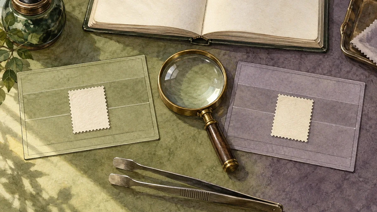 Generated illustration of two blank perforated papers on separate stockcards with magnifier and tongs