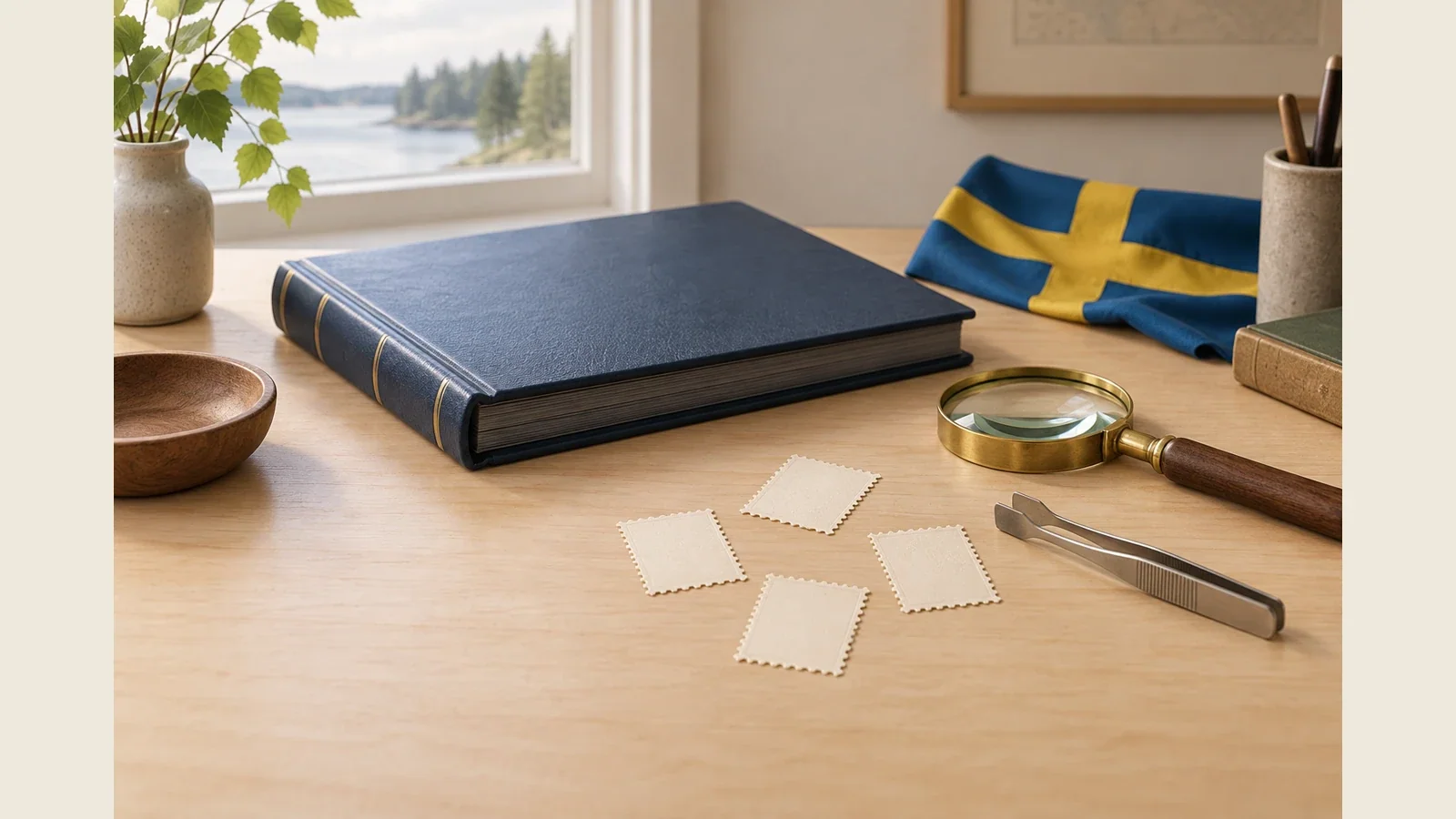 Generated collector desk illustration with blue album, folded Swedish flag, magnifier, tongs and blank perforated paper