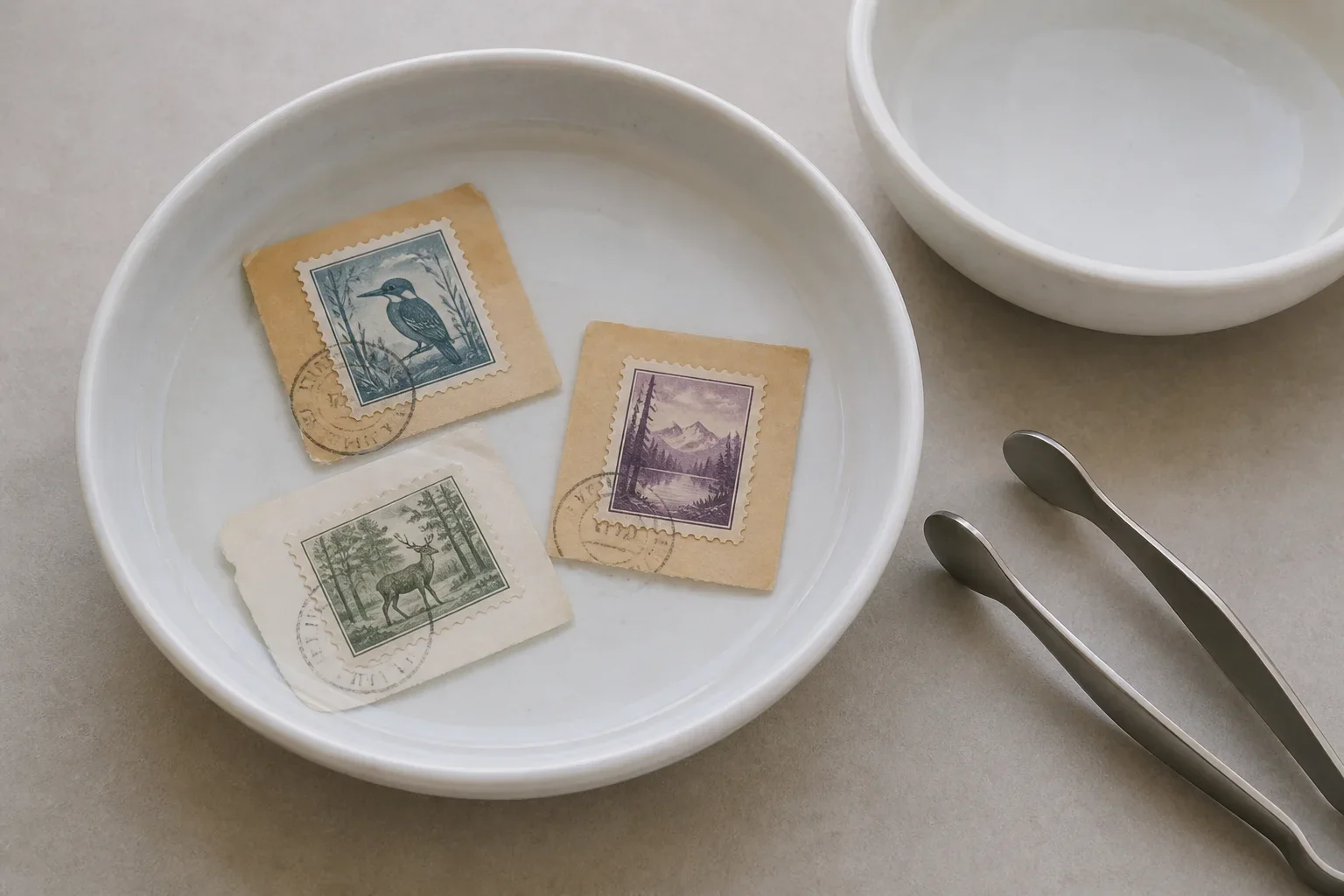 Three fictional used stamps on envelope clippings floating face up in a shallow white dish beside stamp tongs and clean rinse water