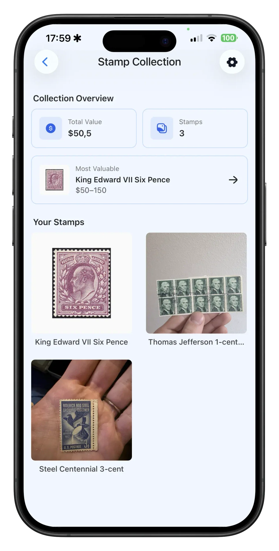 Colección de sellos guardada en la app