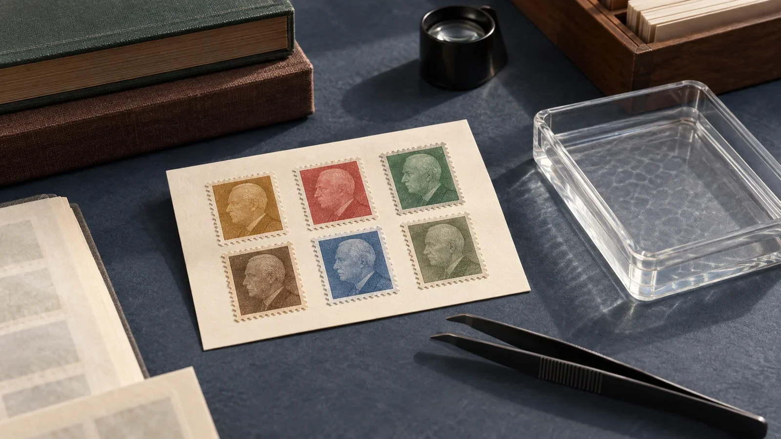 Illustrative collector workspace with abstract portrait-like paper stamps, tongs and a dry inspection tray, not genuine specimens
