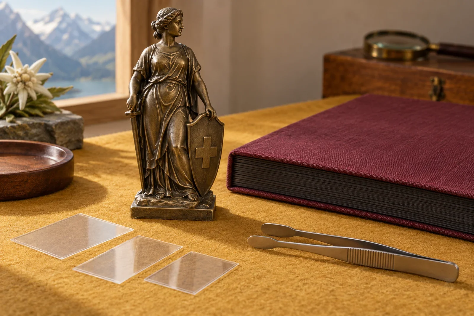 Original illustration of a bronze standing allegorical figure beside a burgundy stockbook, empty mounts and stamp tongs