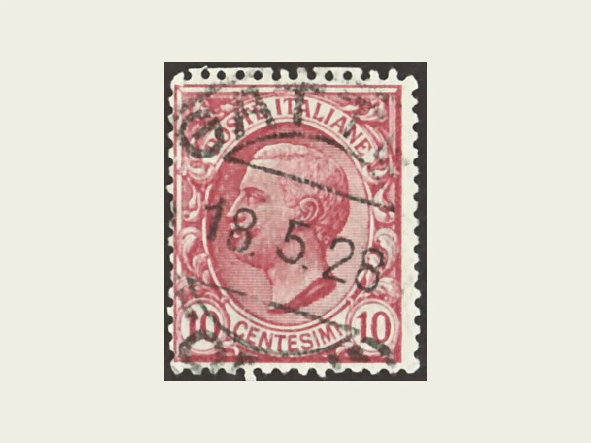 Echter Scan einer gebrauchten roten italienischen Leoni zu 10c, Viktor Emanuel III. nach links und Entwertung von 1928