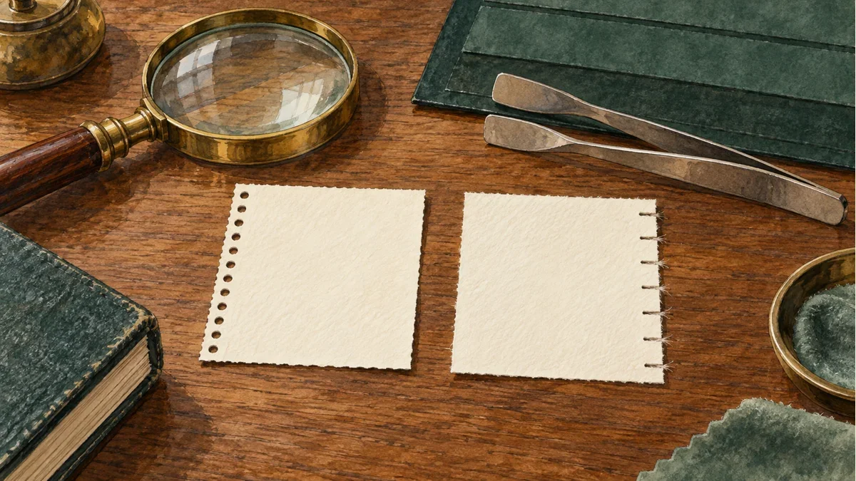 Generated illustration of blank papers with punched holes and straight slits beside tongs and a magnifier
