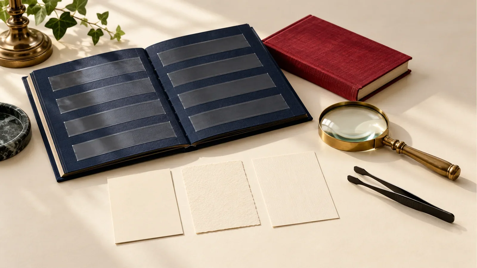 Generated illustration of an empty stockbook, blank reference cards, magnifier and stamp tongs, with no historical specimens