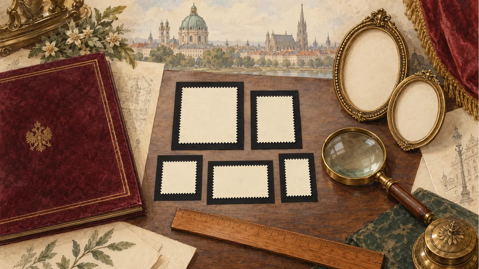 Generated watercolor illustration of blank perforated paper, an album, empty frames and collector tools against a Vienna skyline