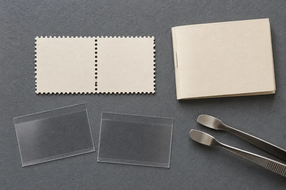 Illustration of joined blank perforated paper beside empty mounts, a blank booklet cover and stamp tongs