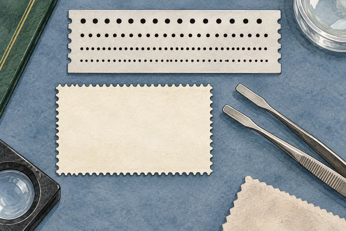 Original illustration of blank perforated paper beside an unnumbered dot gauge and tongs